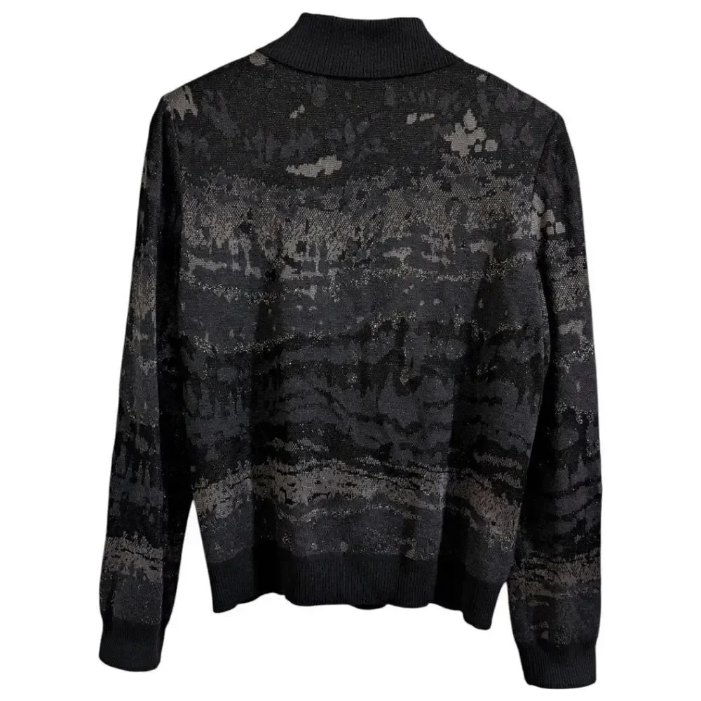 St. John Black Glitter Knit Zip Jacket Cardigan M - Abstract Print Wool Blend